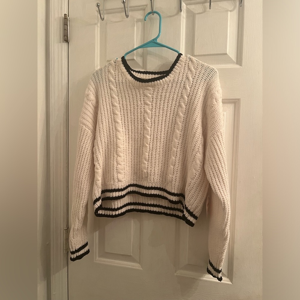 Size large white cream with black stripes detail knit fluffy sweater